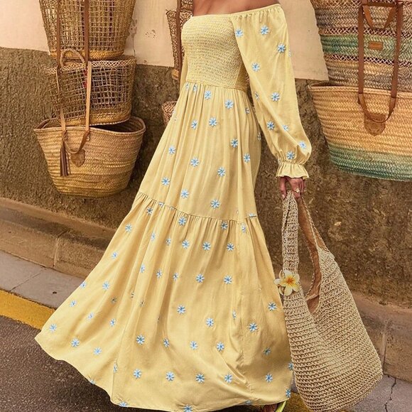 Yellow Boho Women's Long Sleeve Dress - Picture 1 of 6